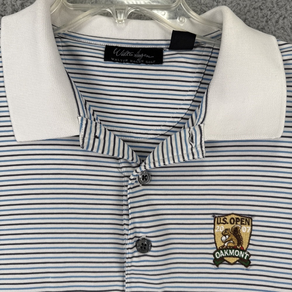 2007 US Open Oakmont Polo Golf Shirt Mens XL Walter Hagen White Striped